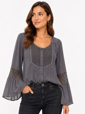 American Eagle Outfitters Slate Gray Crochet Button-Front Blouse